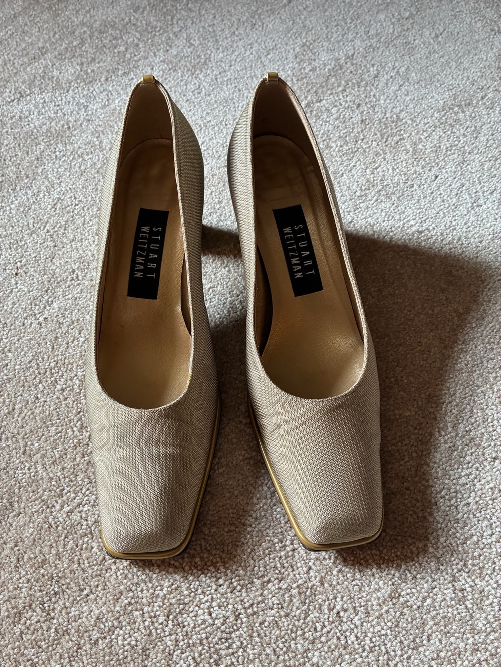 Stuart Weitzman Neutral Beige Square-Toe Pumps with Gold Trim